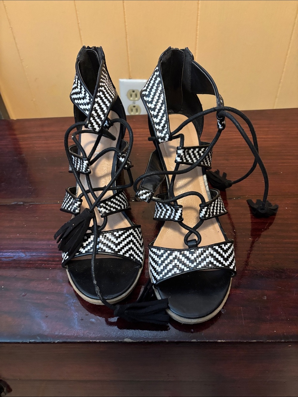 Indigo Black & White Lace-Up Heeled Sandals